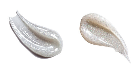 Obraz premium Creamy texture with shimmering glitter, showcasing two different shades of cosmetic product. glossy finish reflects light beautifully, ideal for enhancing beauty routines