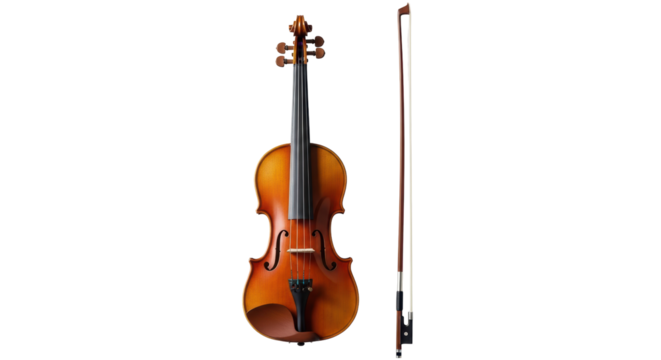 Isolated Wooden violin with a bow, a stringed musical instrument for classical music