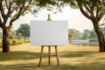 Blank canvas on easel stands in serene outdoor setting, surrounded by lush greenery and trees. peaceful atmosphere invites creativity and inspiration, perfect for artistic expression