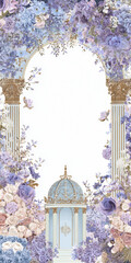 Beautiful floral archway design featuring shades of blue and purple, adorned with roses and delicate flowers, creating romantic and elegant atmosphere. Perfect for invitations or decor