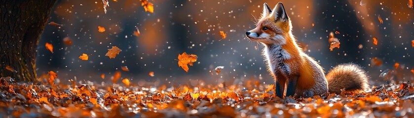 Fototapeta premium A young fox sits in a forest carpeted with vibrant autumn leaves with leaves falling through the air
