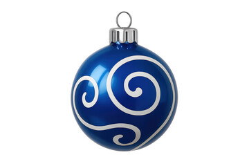 Fototapeta premium Blue christmas ball ornament hanging with white swirls on transparent background