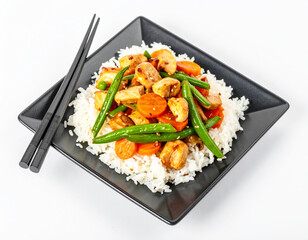 Chicken stir fry with rice, carrots and green beans, black plate. AI