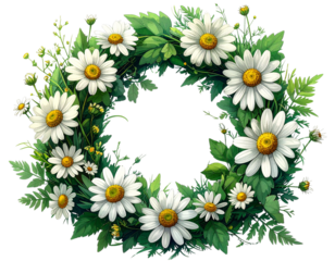 Firefly_Cartoon style floral wreath of wild daisies, monochrome green, transparent background
