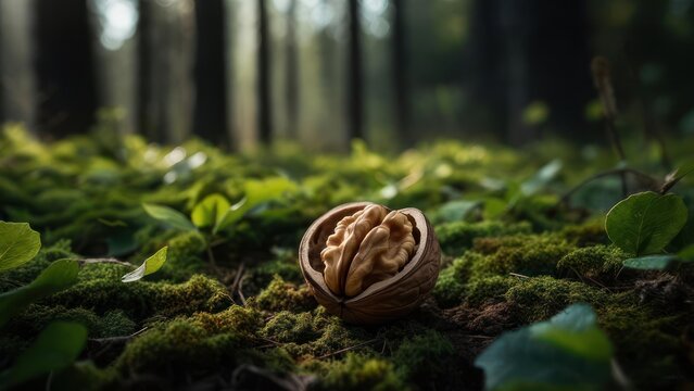 A halved walnut rests on a bed of moss in a sun-dappled forest, its two halves resembling a brain, surrounded by lush green vegetation and tall, slender trees