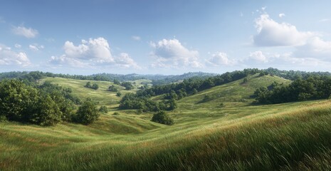 Naklejka premium Expansive grassy hills under a light, partly cloudy sky. Rolling terrain dotted with trees
