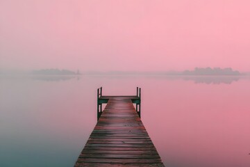 Fototapeta premium Wooden dock extending into pink misty lake water