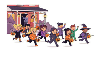 Halloween Fun Run: Excited children in costumes, joyfully racing with treat baskets during a vibrant Halloween celebration, capturing the spirit of the spooky season.