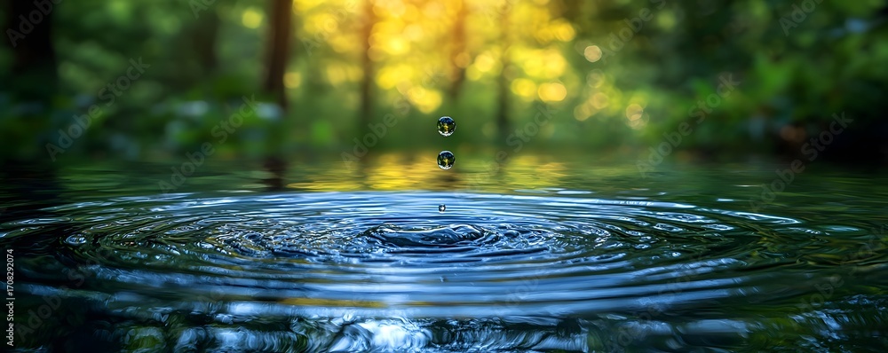 Poster a single water drop falls into serene water creating concentric ripples with a blurred forest and su