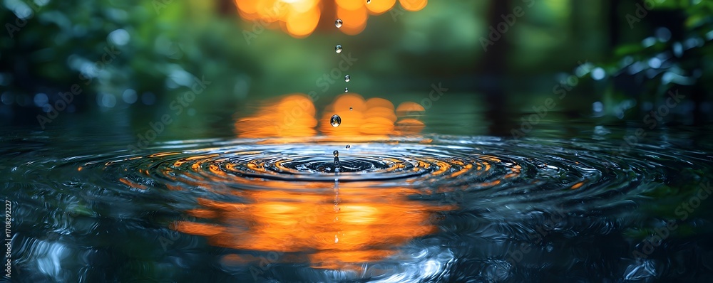 Poster a water drop falls into a calm pond creating concentric ripples with warm orange reflections and a b