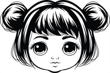 Cartoon girl's face with buns and big eyes stares straight ahead in black and white