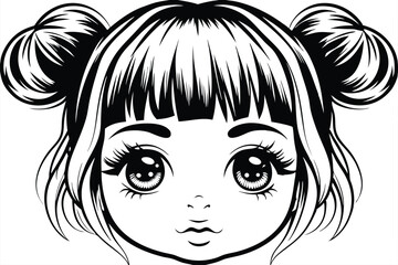 Close up of anime girl with a trendy double bun hairstyle in black and white