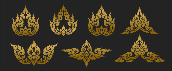 Set of Golden Kanok Ornaments, Luxury Thai Art Collection with Crests, Corners, and Dividers