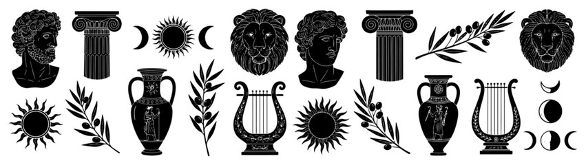 Ancient Greek Vector Set with Busts Columns Laurel and Lyre