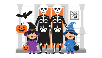 Fototapeta premium Halloween Fantasy: An enchanting Halloween scene featuring children dressed in playful costumes and whimsical skeleton figures ready to bring spooky Halloween magic.