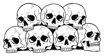 Hand Drawn Vector Illustration of a Pile of Human Skulls