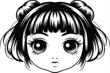 Black and white manga character illustration featuring large eyes and hair buns is presented