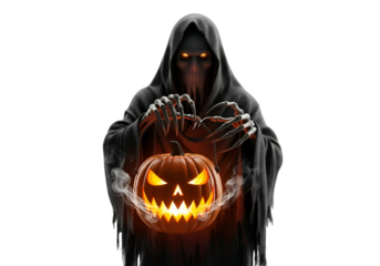 A grim reaper figure holds a glowing carved pumpkin against a dark backdrop, evoking a Halloween mood.