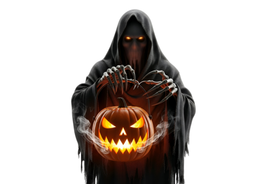 A grim reaper figure holds a glowing carved pumpkin against a dark backdrop, evoking a Halloween mood.