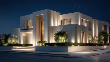 Modern, sophisticated home at night with well-lit exterior.
