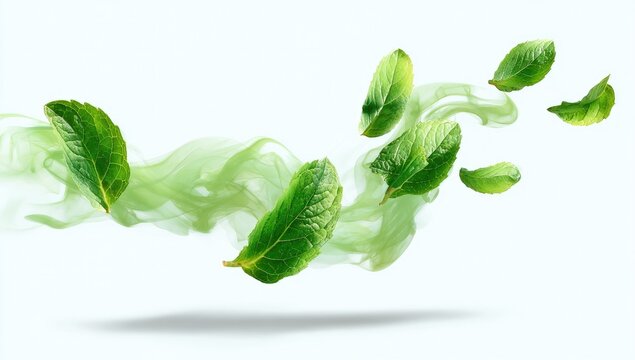 Fresh mint leaves suspended in ethereal green smoke