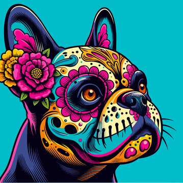 Colorful sugar skull French bulldog illustration on blue pop art