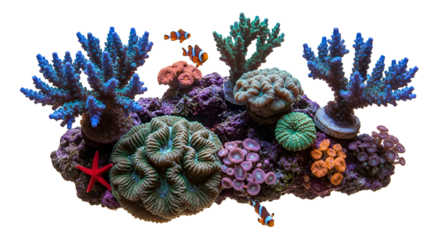 Reef aquarium tank with coral and fishes isolated PNG with Transparent Background