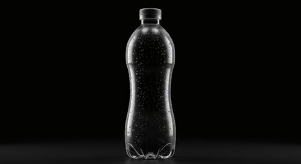 Clear plastic bottle filled with liquid and bubbles on black background. Suitable for product advertisement or beauty and cosmetics design.