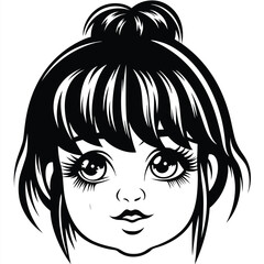 Black and white line art depicts a girl with large eyes and a bun
