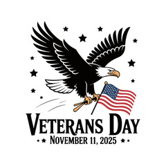 Fototapeta premium An eagle soars the american flag on veterans day, november 11, 2025, , symbolizing freedom remembrance