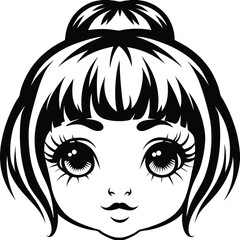 Isolated young woman's face shows stylized black and white cartoon manga eyes and hairstyle