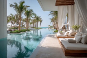 Luxurious poolside cabanas by the ocean.