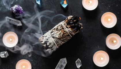 Atmospheric images of smudging rituals with burning sage bundles, incense smoke, and crystals. Mystical visuals symbolizing purification, cleansing, and spiritual protection. Perfect for esoteric, wel