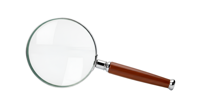 Magnifying glass with brown handle for search, discovery and investigation isolated PNG with Transparent Background
