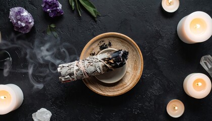 Atmospheric images of smudging rituals with burning sage bundles, incense smoke, and crystals. Mystical visuals symbolizing purification, cleansing, and spiritual protection. Perfect for esoteric, wel