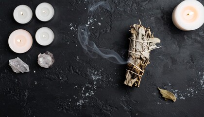 Atmospheric images of smudging rituals with burning sage bundles, incense smoke, and crystals. Mystical visuals symbolizing purification, cleansing, and spiritual protection. Perfect for esoteric, wel