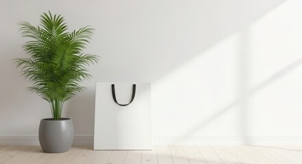 White Paper Shopping Bag Mockup with Green Potted Plant on Wooden Floor