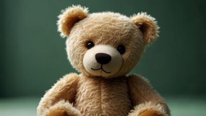 Obraz premium A light brown plush teddy bear sits against a muted green backdrop, its soft fur and gentle expression conveying a sense of childhood innocence and comfort