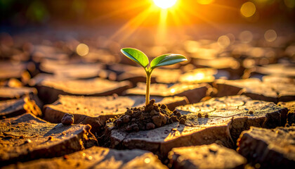 Resilient Sprout Emerging from Dry Cracked Earth at Sunset