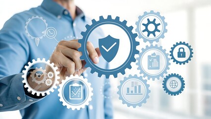 Businessman touching gears with shield icon concept of cyber security, information security and encryption, secure access