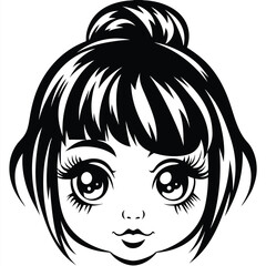Cute young girl with black hair bun is staring intently at you in monochrome