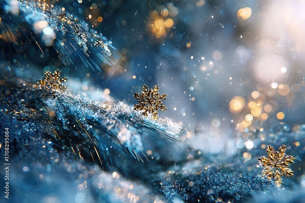 Poster snowflakes resting on a frosted evergreen branch during winter with bokeh effects and soft lighting