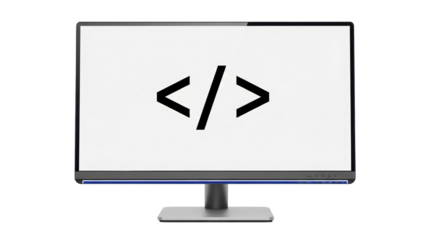 Isolated monitor screen showing coding icon for software development or web design on display