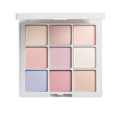 Pastel makeup palette with nine soft shades in a white compact, featuring matte and satin powders for eyes and face