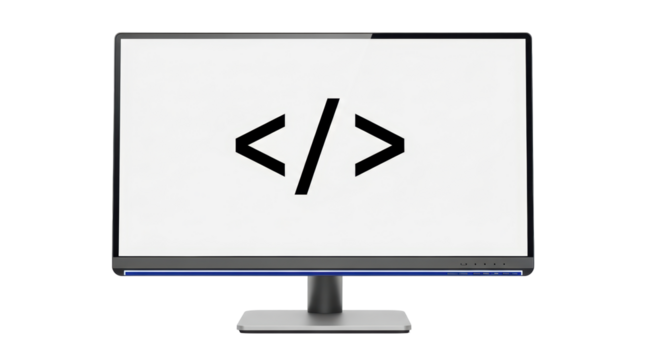 Isolated monitor screen showing coding icon for software development or web design on display