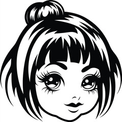 Animated female face displays stylized big eyes and a trendy topknot hairstyle in black and white
