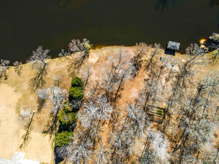 Aerial top down Grovetown suburb in winter after Hurricane Helene in Appling Augusta Georgia