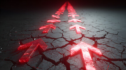 Illuminated red arrows pointing forward on cracked ground showing direction and growth for business and success, showing technology and innovation path
