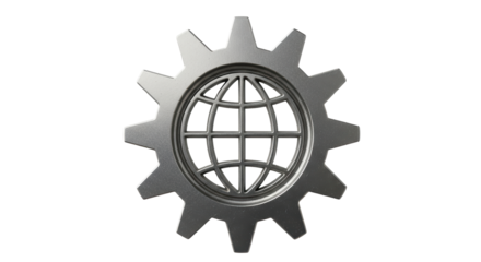 Isolated metal gear globe representing global settings configuration and worldwide network