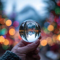 Fototapeta premium Crystal ball reflecting a mountain landscape; colorful bokeh